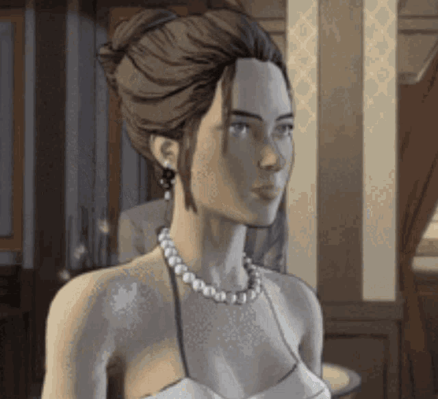 a woman in a white dress with a pearl necklace and earrings