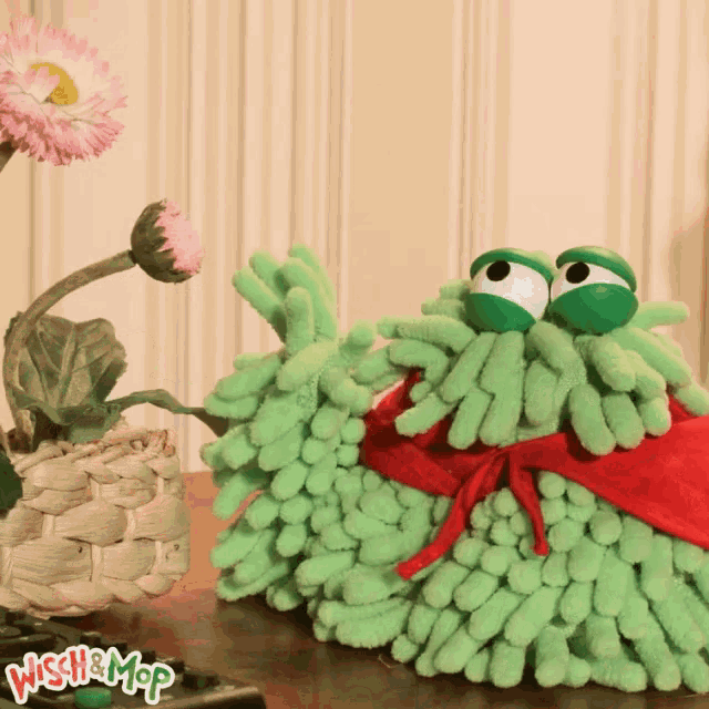 a pair of green wish & mop slippers are on a table