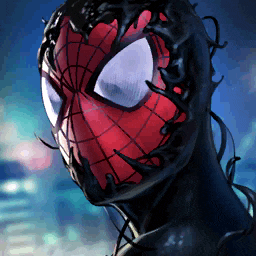 a close up of a spider man 's face with a spider web on it