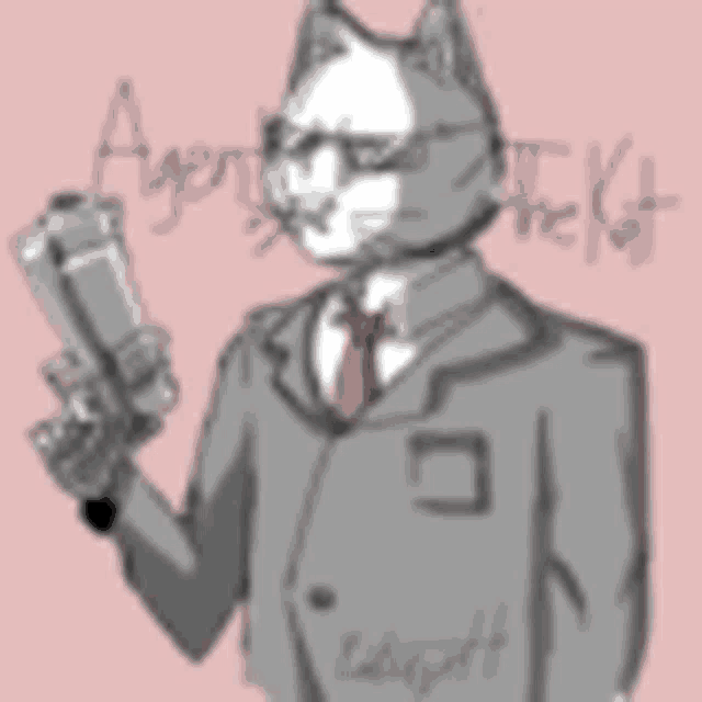 a cat is wearing a suit and tie and holding a gun .