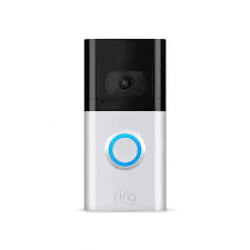 a white ring doorbell with a blue button on it .