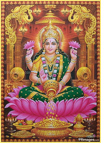 a painting of a goddess sitting on a pink lotus flower with a bowl of gold .