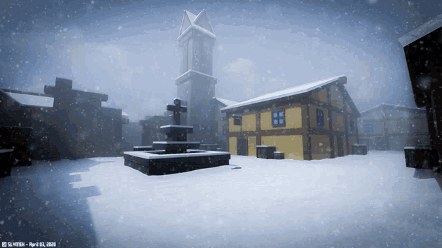 a snowy scene with a clock tower and a fountain in the foreground