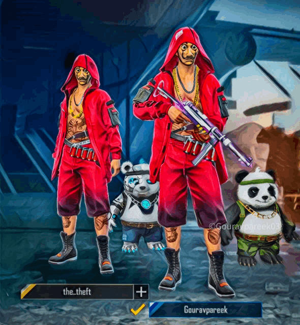 a painting of a man in a red hoodie and a panda bear