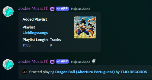 a screenshot of a chat with jackie music and started playing dragon ball by tojo records