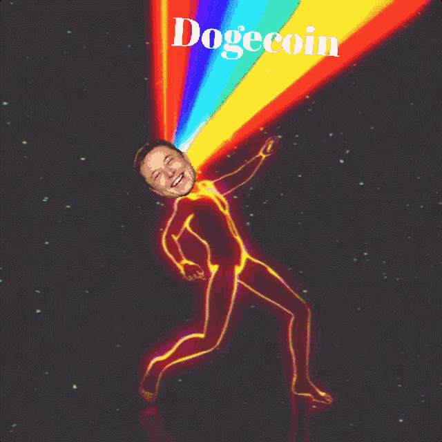 a picture of elon musk with a rainbow coming out of his mouth and the word dogecoin