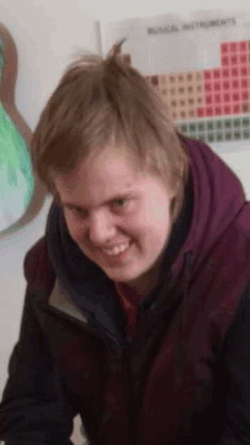 a young man wearing a purple vest is smiling in front of a musical instruments poster