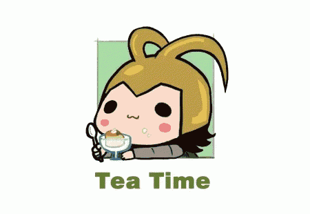 a cartoon of loki drinking tea with the words tea time below him