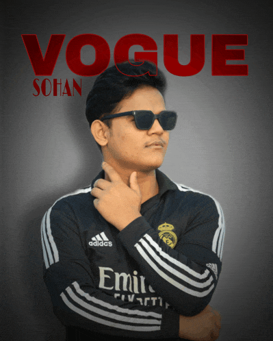 a man wearing sunglasses and an adidas shirt stands in front of a poster that says vogue