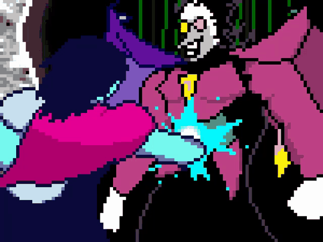 a pixel art drawing of a cartoon character with a purple cape