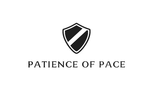 a black and white logo with a shield and the words `` patience of pace '' below it .