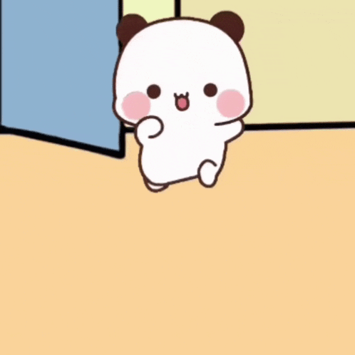 a cartoon panda bear is standing on a yellow floor and looking at the camera .