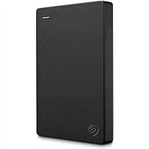 a black seagate backup plus portable hard drive is sitting on a white surface .