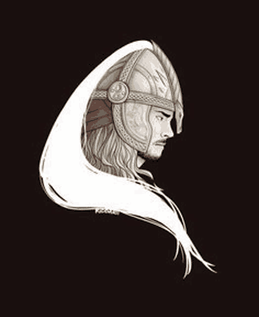 a drawing of a man wearing a helmet with a white feather coming out of it on a black background .