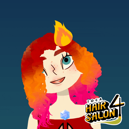 a cartoon of a girl with red and pink hair and a sign that says toca hair salon