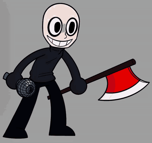 a cartoon character with a microphone and an axe