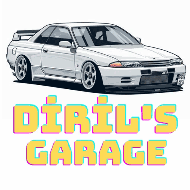 a drawing of a white car with the words diril 's garage written below it