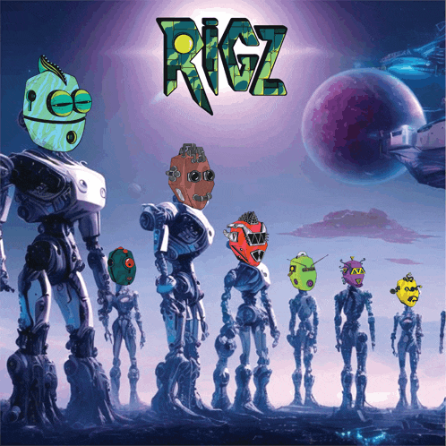 a group of robots standing next to each other with the word rigz on top