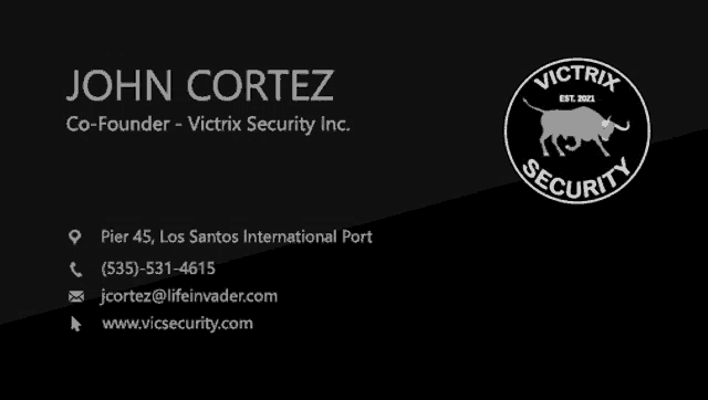 a black business card for john cortez co-founder of victrix security