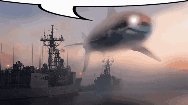 a shark is flying over a group of ships in the fog