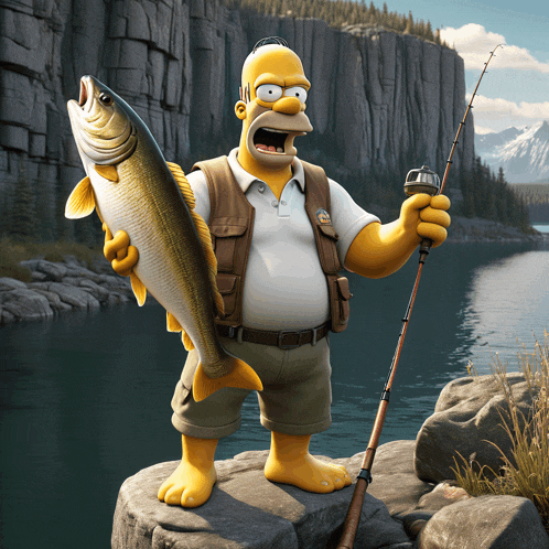 homer simpson holds a large fish and a fishing rod