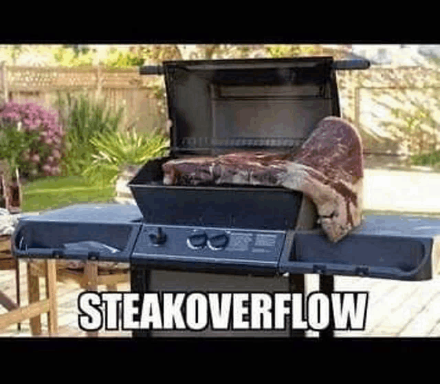 a large piece of meat is sitting on top of a grill with the words `` steakoverflow '' above it .