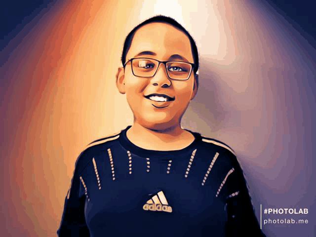 a cartoon of a boy wearing glasses and a black adidas shirt