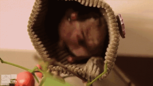 a person 's face is visible through a hole in a knitted object
