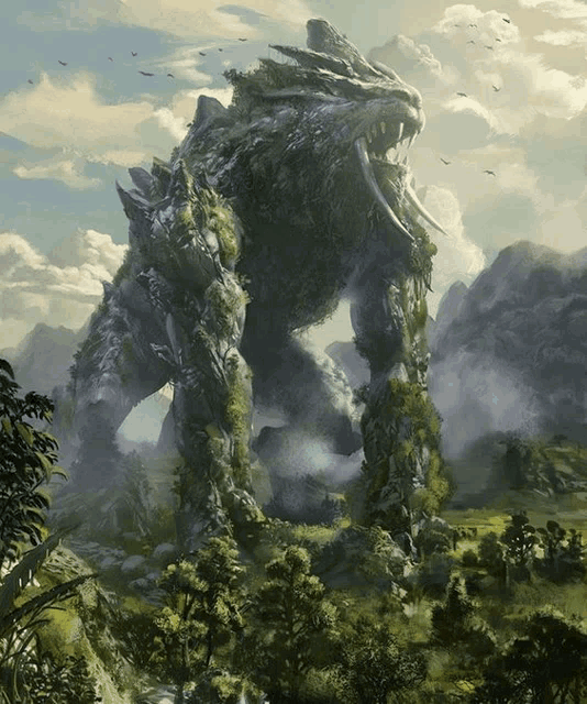 a painting of a giant monster in a lush green forest