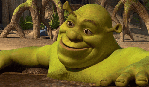 shrek from the movie shrek is laying in the mud