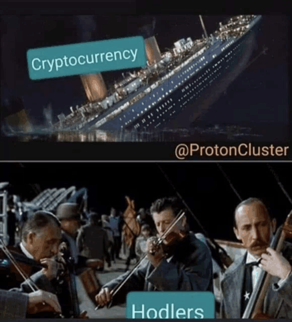 a picture of titanic and a picture of violin players with the words cryptocurrency and hodlers