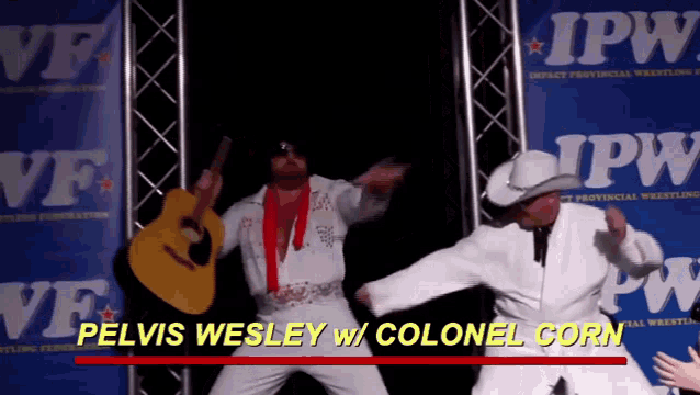 a man in a elvis costume holds a guitar in front of a banner that says ipw