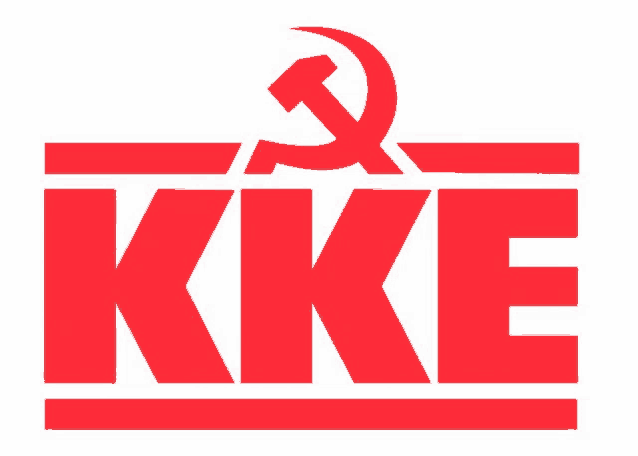 a red logo for kke with a hammer and sickle on it