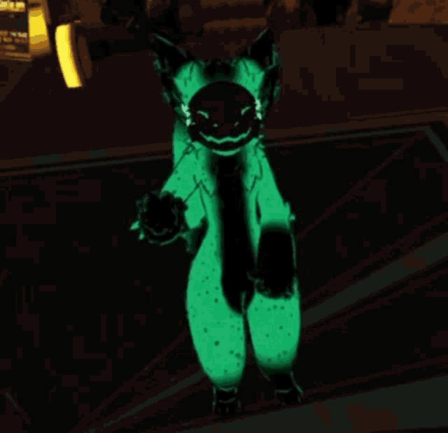 a glow in the dark furry animal is standing on a dark floor