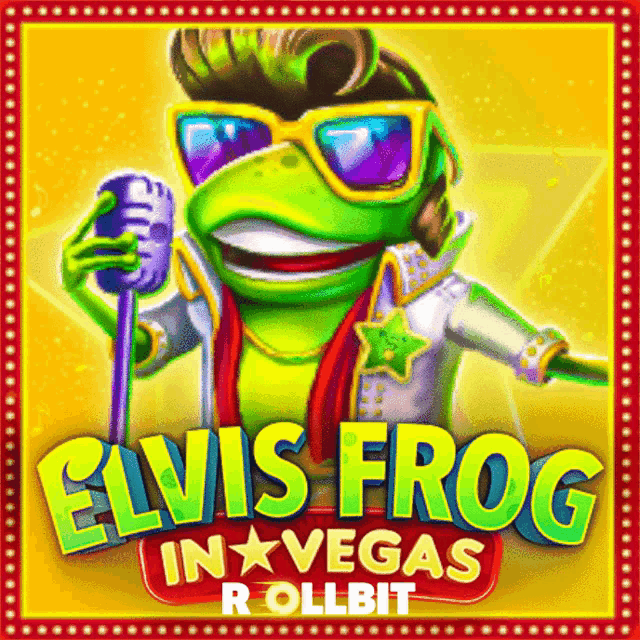 elvis frog in vegas rollbit logo with a frog holding a microphone