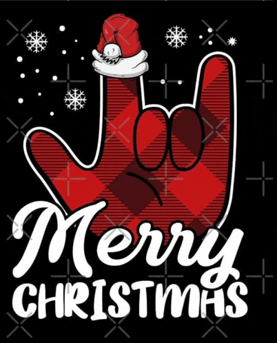 a merry christmas sign with a red plaid hand wearing a santa hat