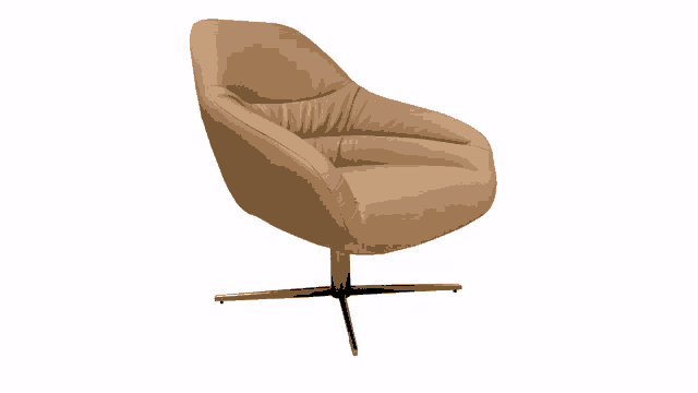 a tan leather chair with a metal base is sitting on a white background