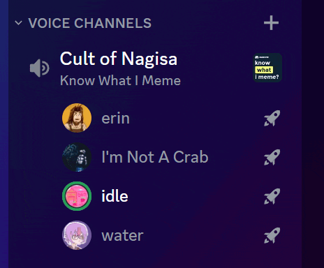 a list of voice channels including cult of nagisa know what i meme and i 'm not a crab