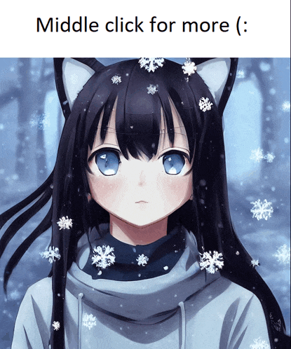 a picture of a girl with snowflakes on her hair and the words middle click for more on the bottom