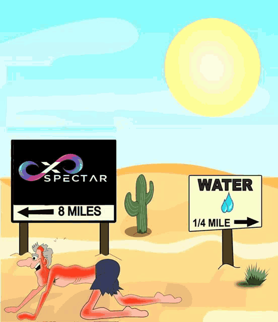 a cartoon of a man crawling in the desert with a sign that says 8 miles