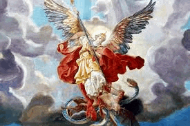 a painting of an angel holding a sword fighting a snake .