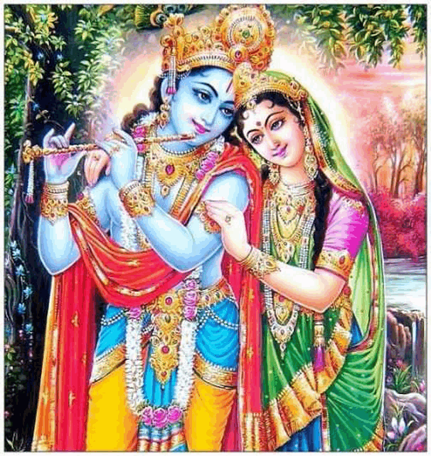 a painting of radha and krishna playing a flute .