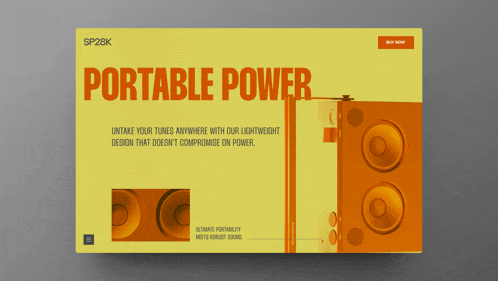 a yellow advertisement for portable power with an orange speaker