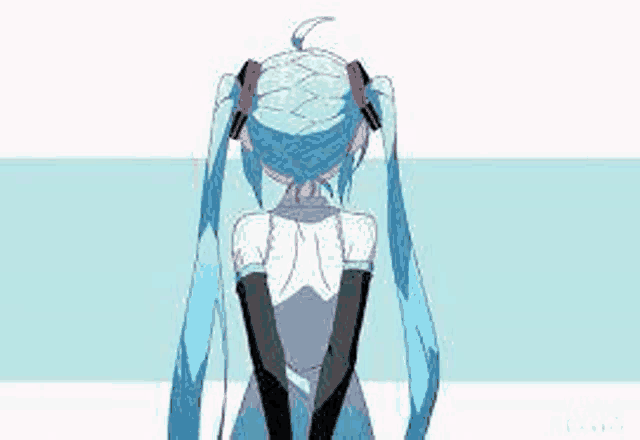 hatsune miku is standing with her back to the camera with her hands folded in front of her .