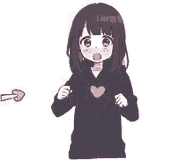 a girl in a black hoodie with a heart on her chest is standing next to an arrow pointing at her .