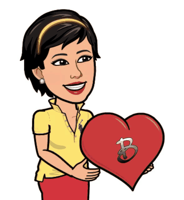 a cartoon of a woman holding a red heart with the letter b on it