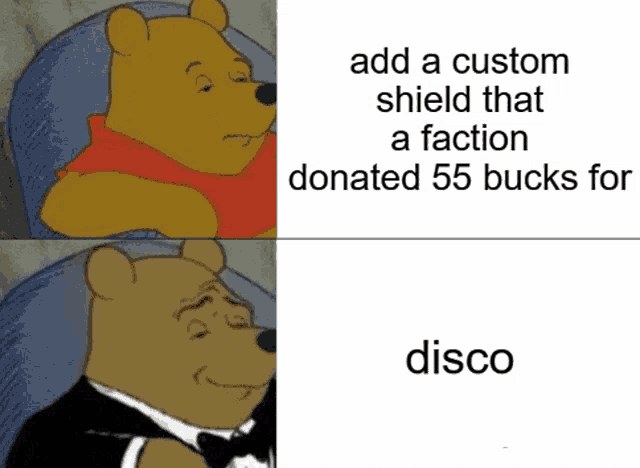 a cartoon of winnie the pooh wearing a tuxedo with the caption add a custom shield that a faction