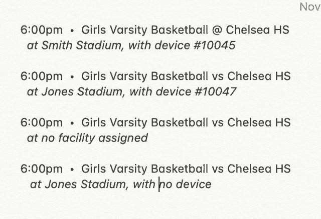 girls varsity basketball vs chelsea hs at jones stadium with device # 10047 at no facility assigned