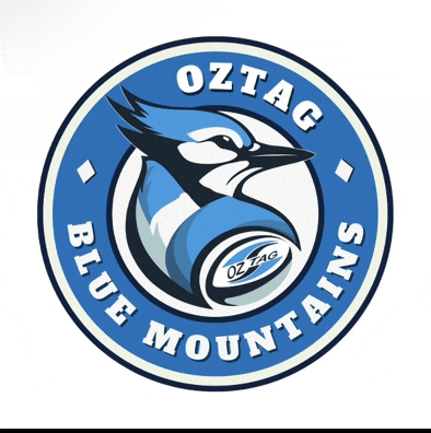 a logo for oztag blue mountains shows a blue jay