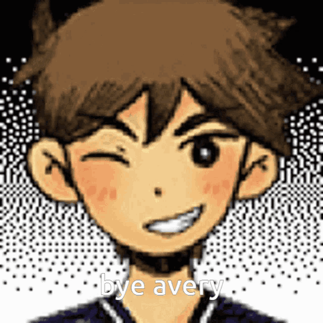 a pixel art drawing of a boy with the words bye avery written below him
